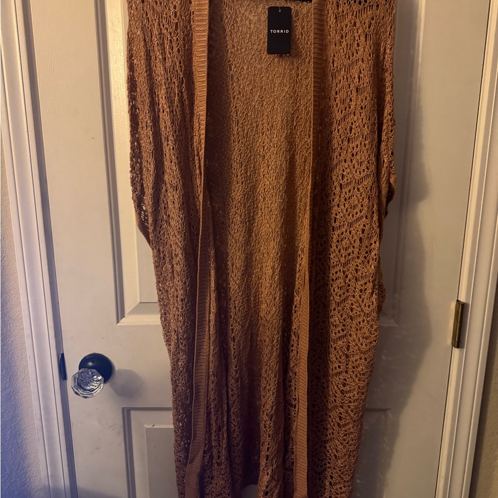 torrid Open Crochet Cardigan in Tan